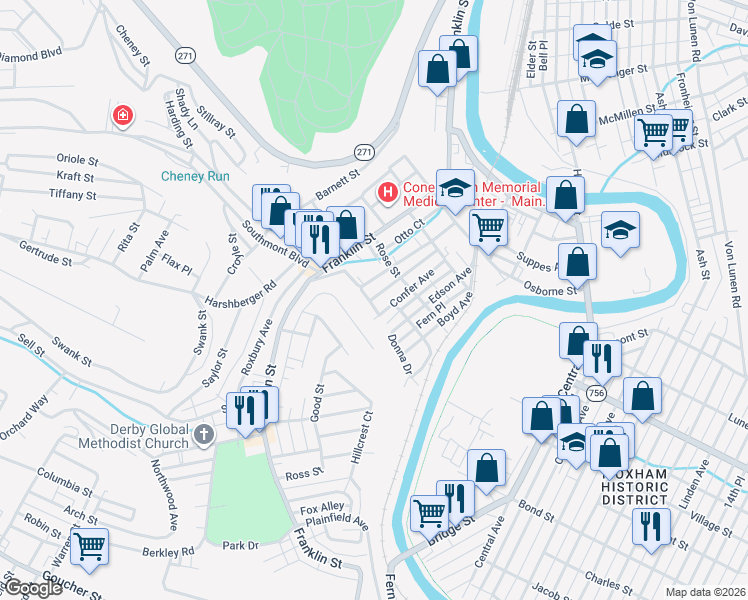 map of restaurants, bars, coffee shops, grocery stores, and more near 1150R Confer Avenue in Johnstown