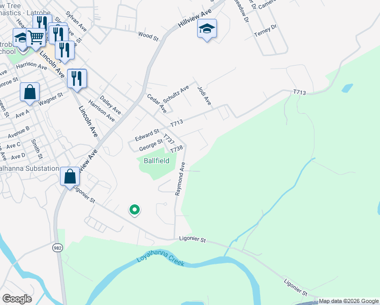map of restaurants, bars, coffee shops, grocery stores, and more near 2552 Raymond Avenue in Latrobe