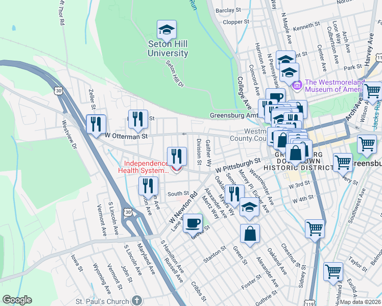 map of restaurants, bars, coffee shops, grocery stores, and more near 33 N Spring Ave in Greensburg