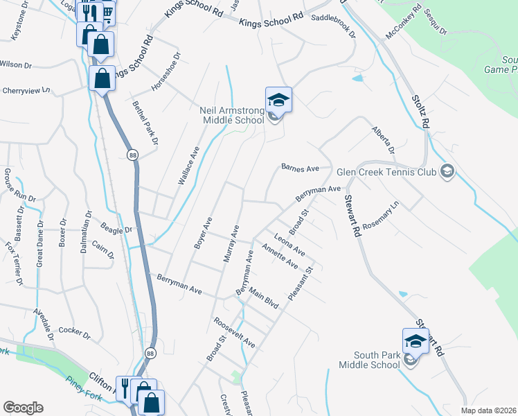 map of restaurants, bars, coffee shops, grocery stores, and more near 5961 Murray Avenue in Bethel Park