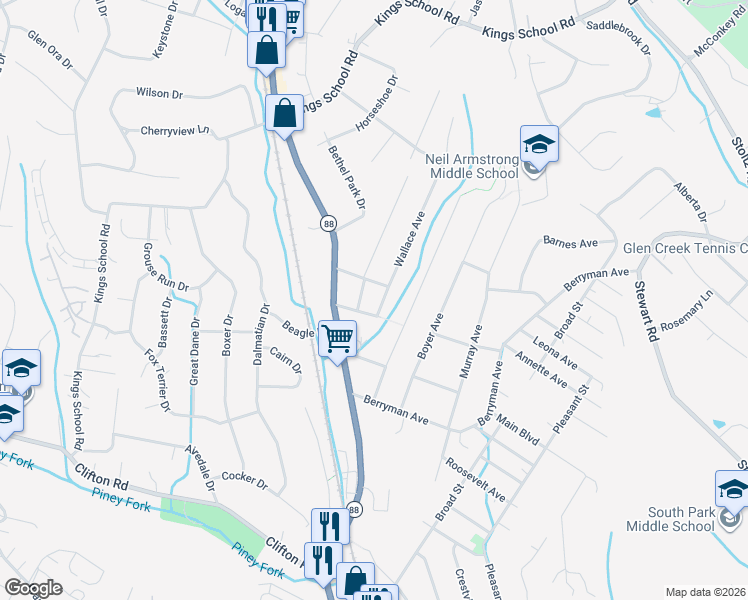 map of restaurants, bars, coffee shops, grocery stores, and more near 1221 Long Avenue in Bethel Park
