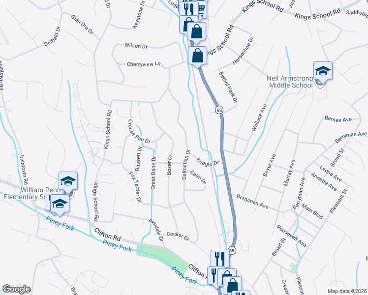 map of restaurants, bars, coffee shops, grocery stores, and more near 5998 Dalmatian Drive in Bethel Park