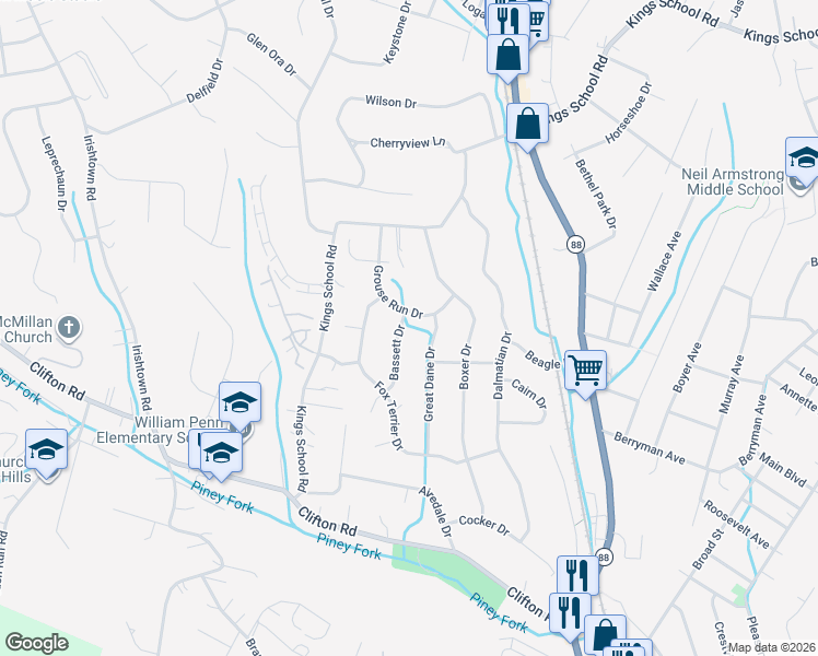 map of restaurants, bars, coffee shops, grocery stores, and more near 437 Bassett Drive in Bethel Park