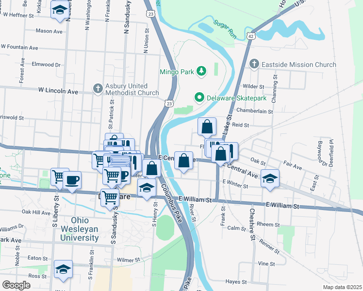 map of restaurants, bars, coffee shops, grocery stores, and more near 16 Flax Street in Delaware