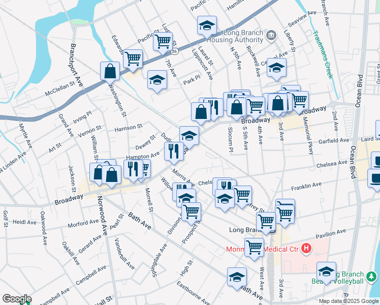 map of restaurants, bars, coffee shops, grocery stores, and more near 410 Broadway in Long Branch