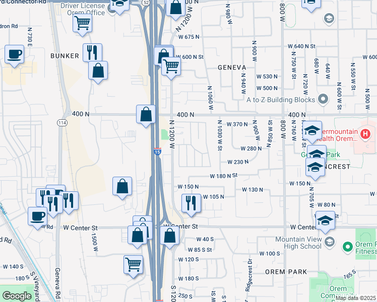 map of restaurants, bars, coffee shops, grocery stores, and more near 38 John Lane in Orem