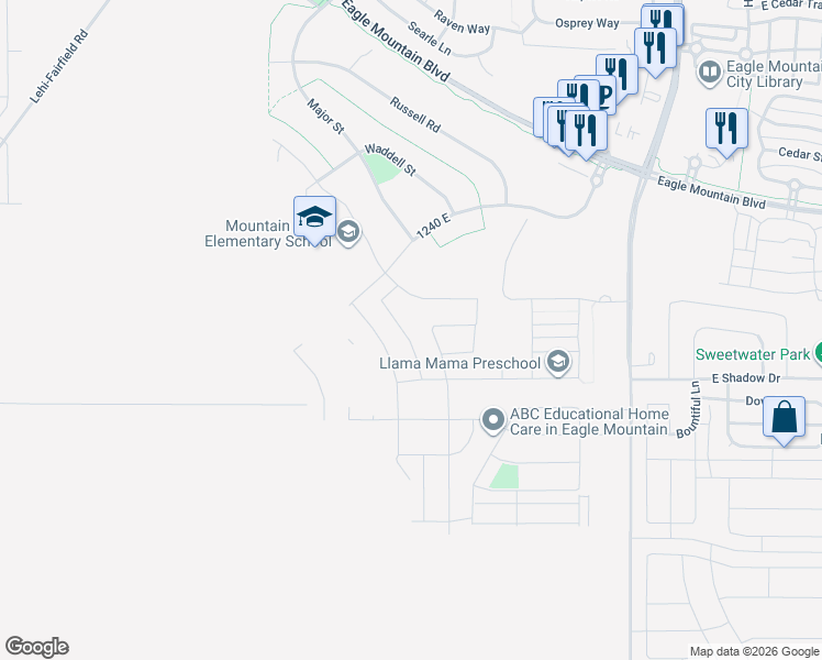 map of restaurants, bars, coffee shops, grocery stores, and more near 3951 N Wood Rd in Eagle Mountain
