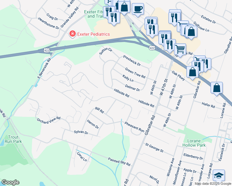 map of restaurants, bars, coffee shops, grocery stores, and more near 4444 Hillside Road in Reading