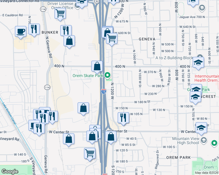 map of restaurants, bars, coffee shops, grocery stores, and more near 209 North 1200 West in Orem