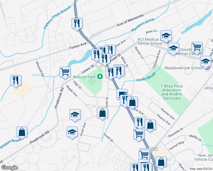 map of restaurants, bars, coffee shops, grocery stores, and more near 76 South Street in Eatontown