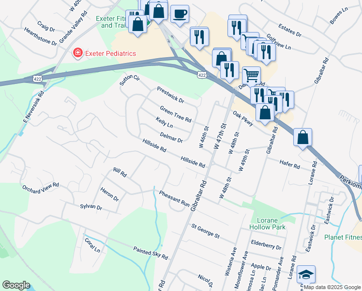 map of restaurants, bars, coffee shops, grocery stores, and more near 4542 Delmar Drive in Reading