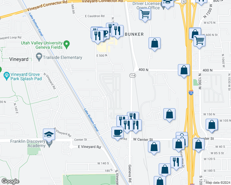 map of restaurants, bars, coffee shops, grocery stores, and more near 333 725 East in Vineyard