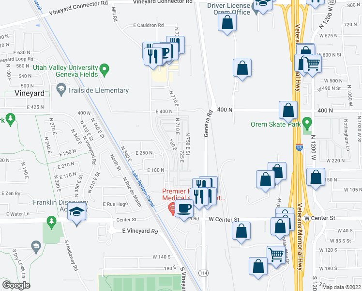 map of restaurants, bars, coffee shops, grocery stores, and more near 329 725 East in Vineyard
