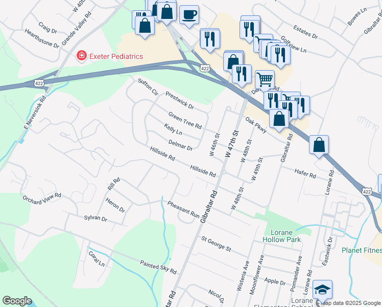 map of restaurants, bars, coffee shops, grocery stores, and more near 4542 Delmar Drive in Reading