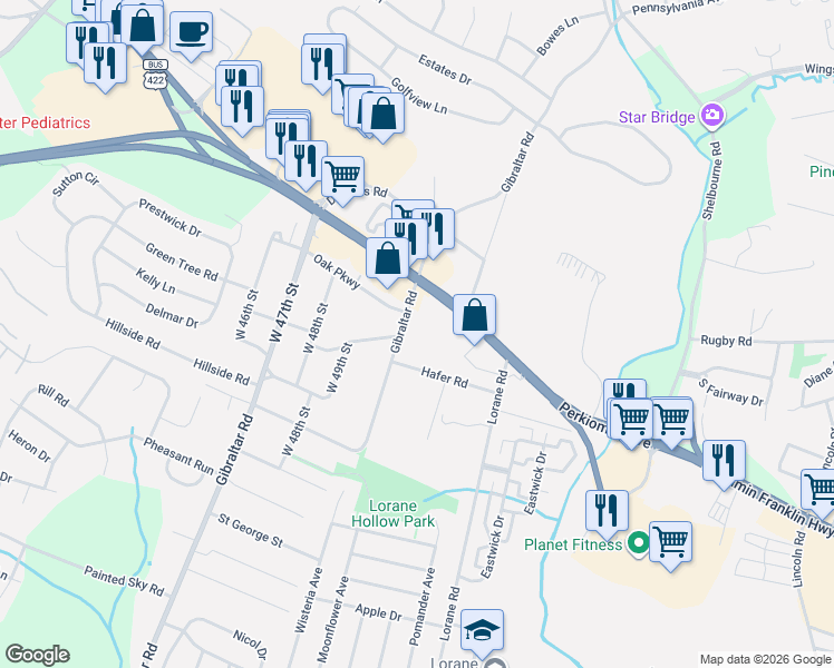 map of restaurants, bars, coffee shops, grocery stores, and more near 109 Gibraltar Road in Reading