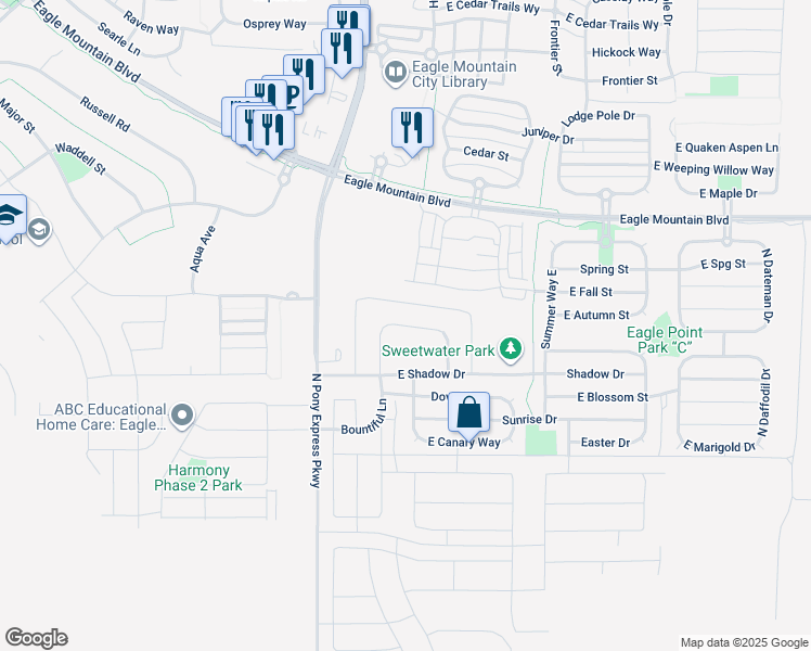 map of restaurants, bars, coffee shops, grocery stores, and more near East Downwater Street in Eagle Mountain