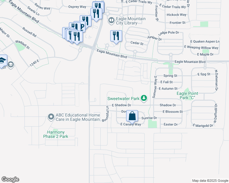 map of restaurants, bars, coffee shops, grocery stores, and more near 1674 East Downwater Street in Eagle Mountain