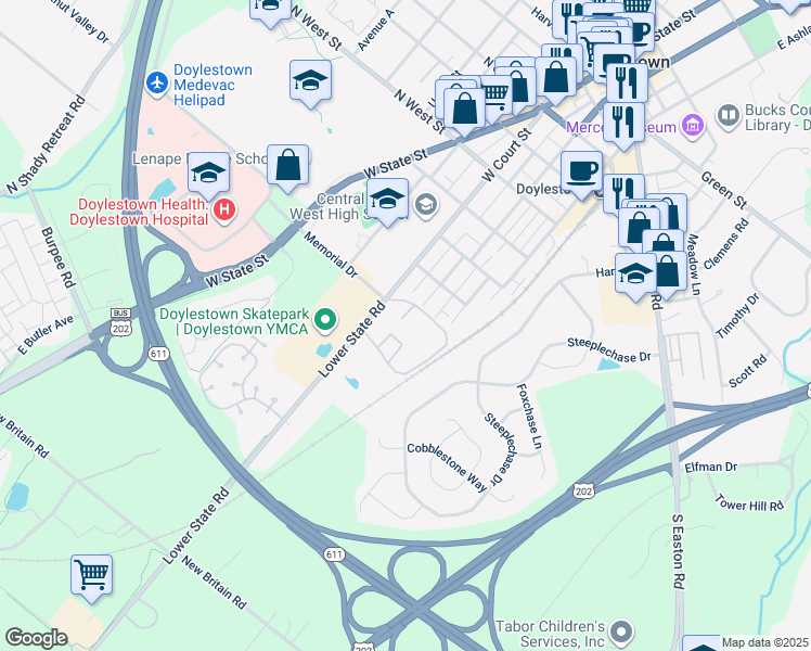 map of restaurants, bars, coffee shops, grocery stores, and more near 2-28 Aspen Way in Doylestown