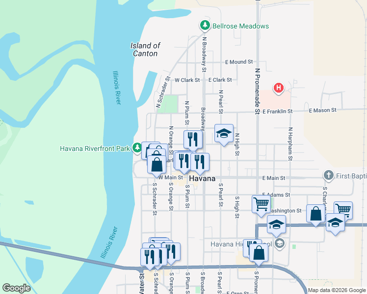 map of restaurants, bars, coffee shops, grocery stores, and more near 201-299 W Jefferson St in Havana