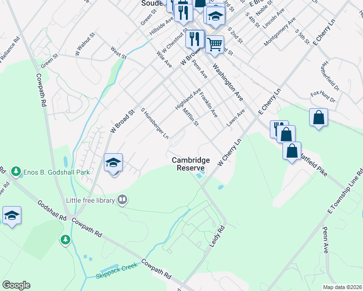 map of restaurants, bars, coffee shops, grocery stores, and more near 210 Yale Court in Souderton