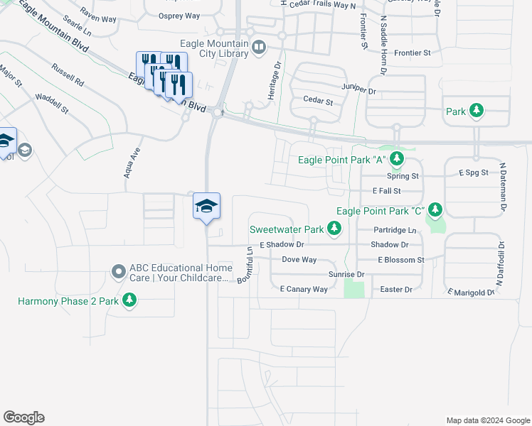 map of restaurants, bars, coffee shops, grocery stores, and more near East Downwater Street in Eagle Mountain