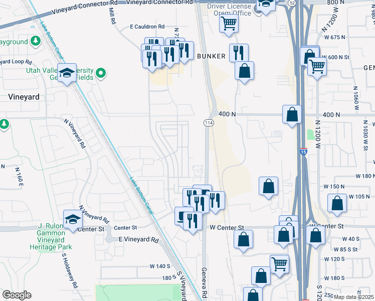 map of restaurants, bars, coffee shops, grocery stores, and more near 281 North 750 East Street in Vineyard