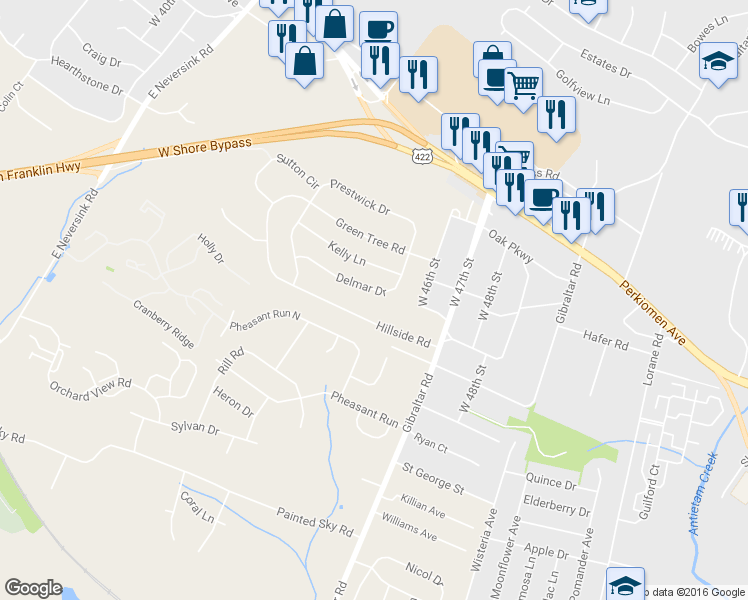 map of restaurants, bars, coffee shops, grocery stores, and more near 4536 Del Mar Drive in Reading