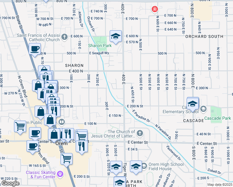 map of restaurants, bars, coffee shops, grocery stores, and more near 355 240 North in Orem