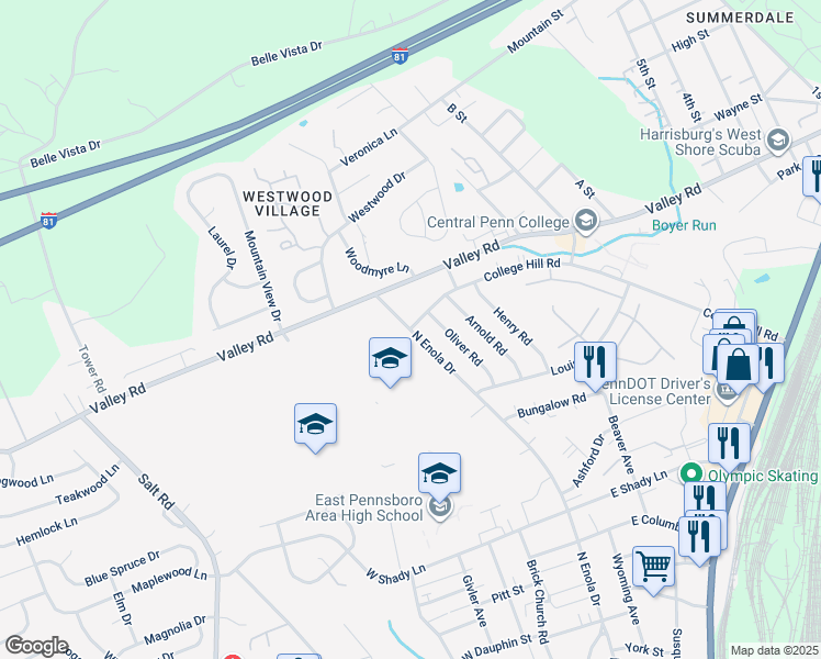 map of restaurants, bars, coffee shops, grocery stores, and more near 529 North Enola Drive in Enola