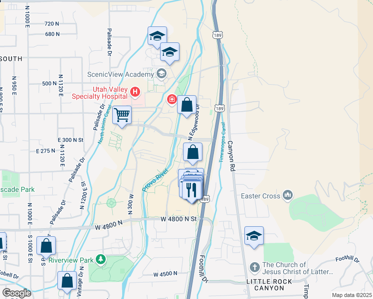map of restaurants, bars, coffee shops, grocery stores, and more near 5149 North Edgewood Drive in Provo