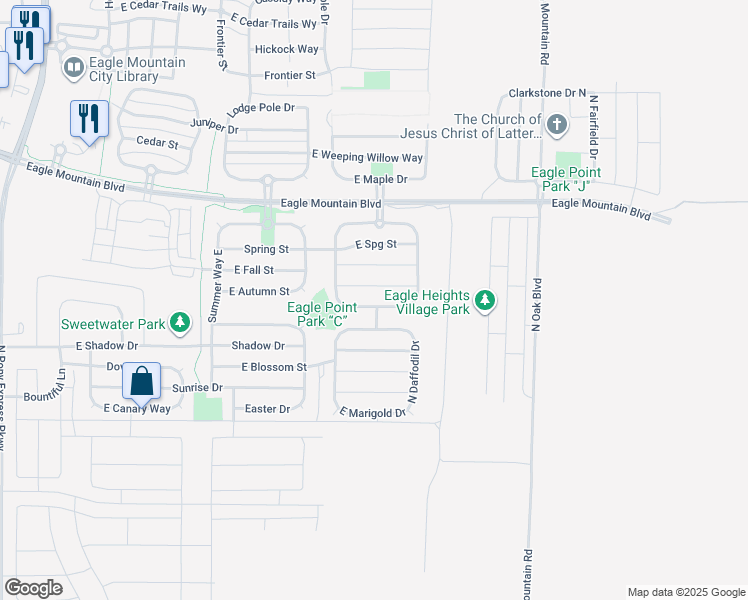 map of restaurants, bars, coffee shops, grocery stores, and more near 2329 East Woodbury Lane in Eagle Mountain