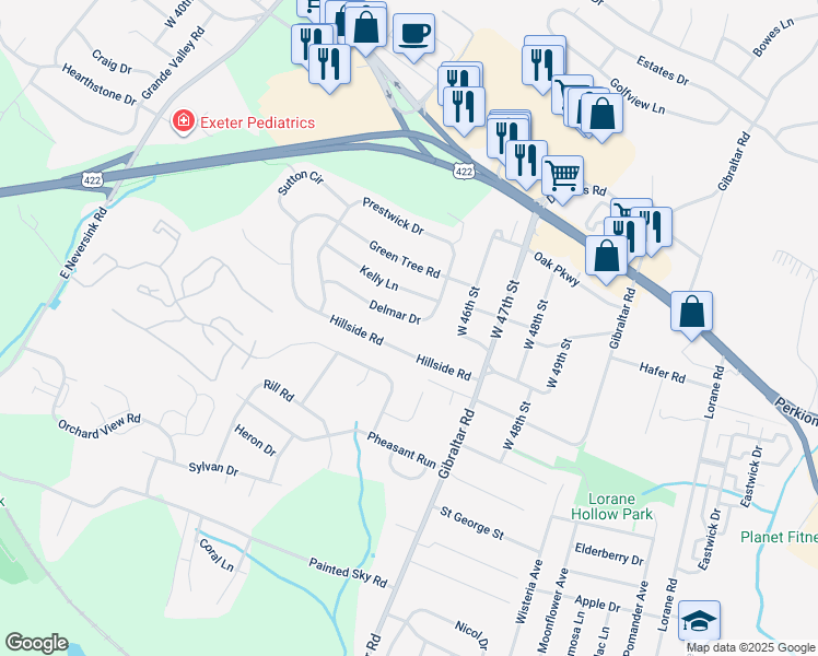 map of restaurants, bars, coffee shops, grocery stores, and more near 4536 Del Mar Drive in Reading