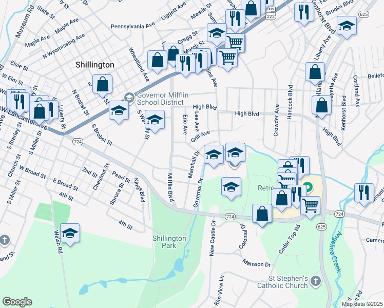 map of restaurants, bars, coffee shops, grocery stores, and more near 415 Marshall Drive in Reading