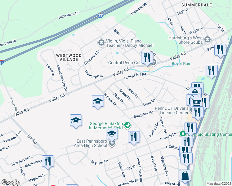 map of restaurants, bars, coffee shops, grocery stores, and more near 74 Oliver Road in Enola