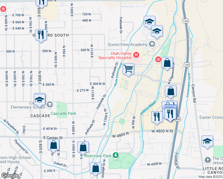 map of restaurants, bars, coffee shops, grocery stores, and more near 270 North Palisades Drive in Orem