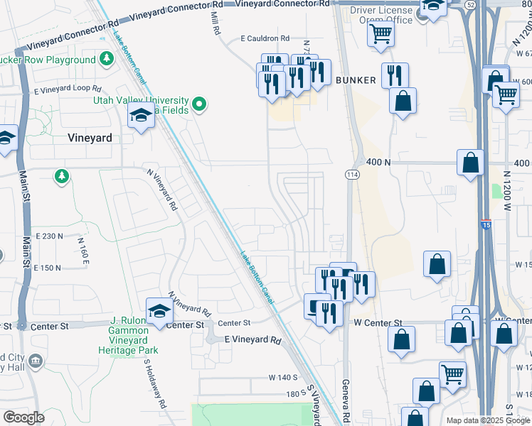 map of restaurants, bars, coffee shops, grocery stores, and more near 624 East 300 North in Vineyard