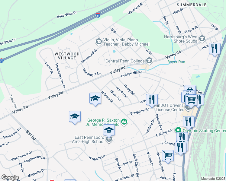 map of restaurants, bars, coffee shops, grocery stores, and more near 74 Oliver Road in Enola
