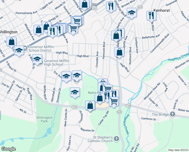 map of restaurants, bars, coffee shops, grocery stores, and more near 208 John Glenn Avenue in Reading