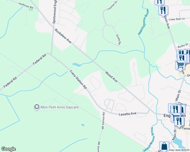 map of restaurants, bars, coffee shops, grocery stores, and more near 96 Heron Court in Manalapan Township