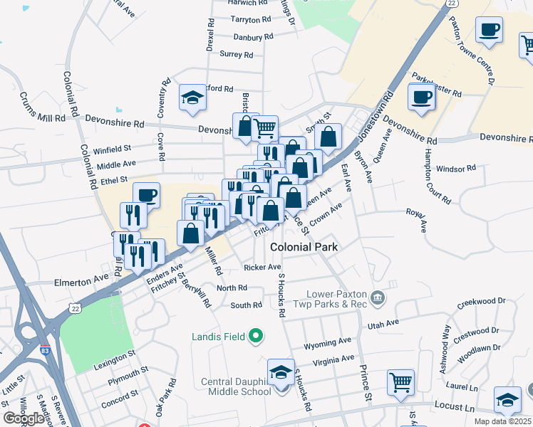 map of restaurants, bars, coffee shops, grocery stores, and more near 4647 Jonestown Road in Harrisburg