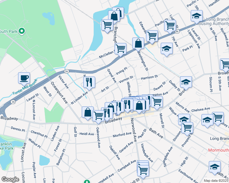 map of restaurants, bars, coffee shops, grocery stores, and more near 656 Kennedy Street in Long Branch