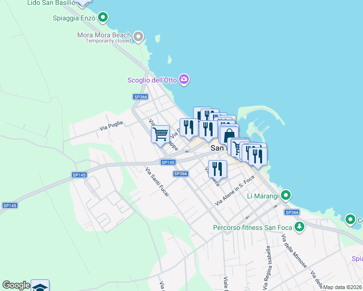 map of restaurants, bars, coffee shops, grocery stores, and more near 112 Via Duca Degli Abbruzzi in San Foca