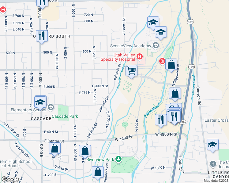 map of restaurants, bars, coffee shops, grocery stores, and more near 270 North Palisades Drive in Orem