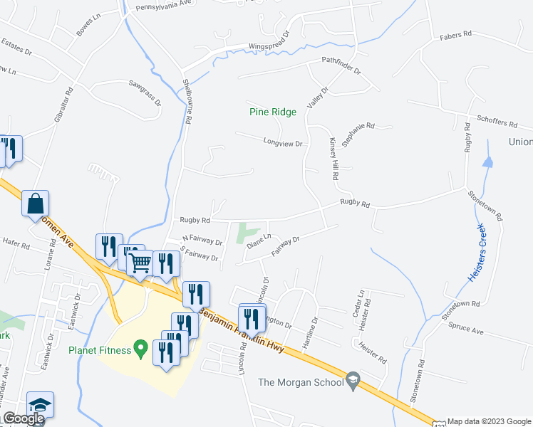 map of restaurants, bars, coffee shops, grocery stores, and more near 191 Rugby Road in Birdsboro