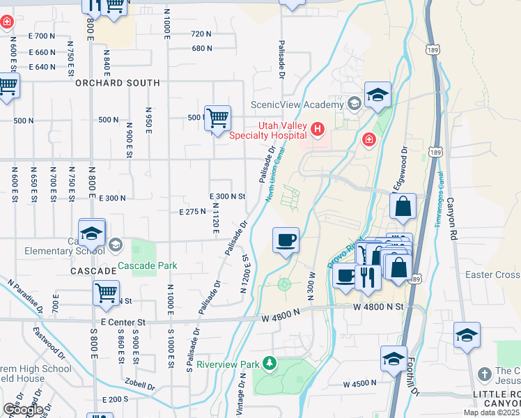 map of restaurants, bars, coffee shops, grocery stores, and more near 270 North Palisades Drive in Orem