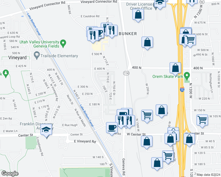 map of restaurants, bars, coffee shops, grocery stores, and more near 269 725 East in Vineyard