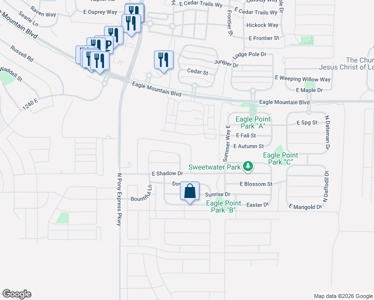 map of restaurants, bars, coffee shops, grocery stores, and more near 3771 Tumwater East Lane in Eagle Mountain