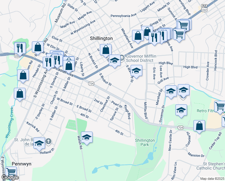 map of restaurants, bars, coffee shops, grocery stores, and more near 134 Philadelphia Avenue in Shillington