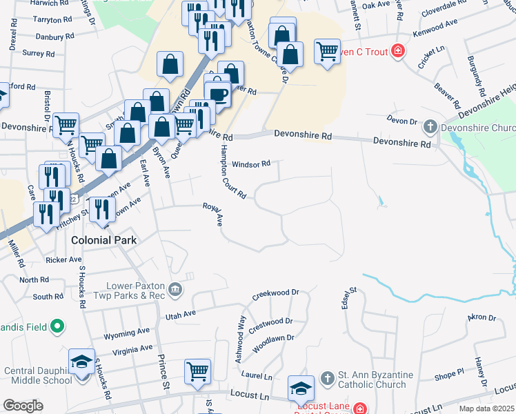 map of restaurants, bars, coffee shops, grocery stores, and more near 5352 Wilshire Road in Harrisburg