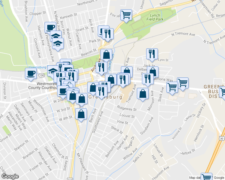 map of restaurants, bars, coffee shops, grocery stores, and more near in Greensburg